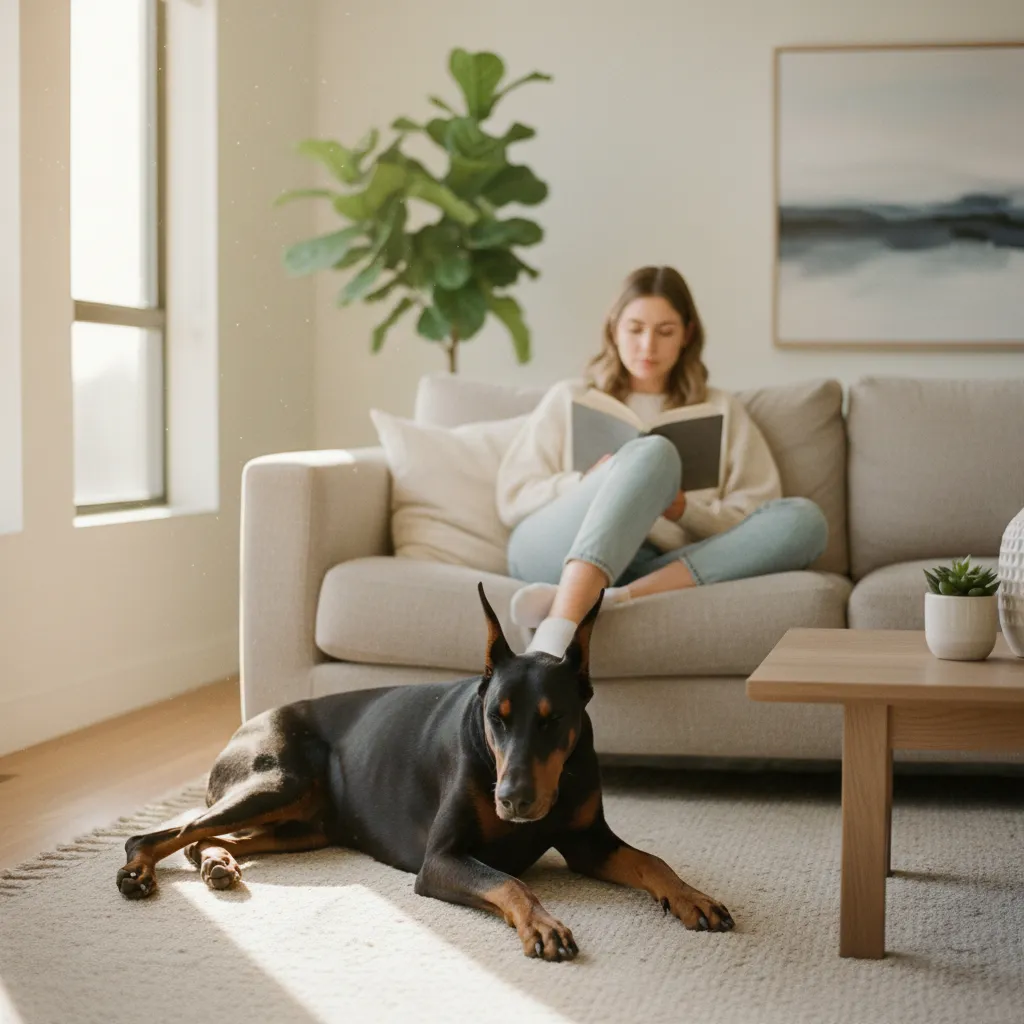 A relaxed Doberman resting beside its owner in a bright living room, demonstrating a calm bond