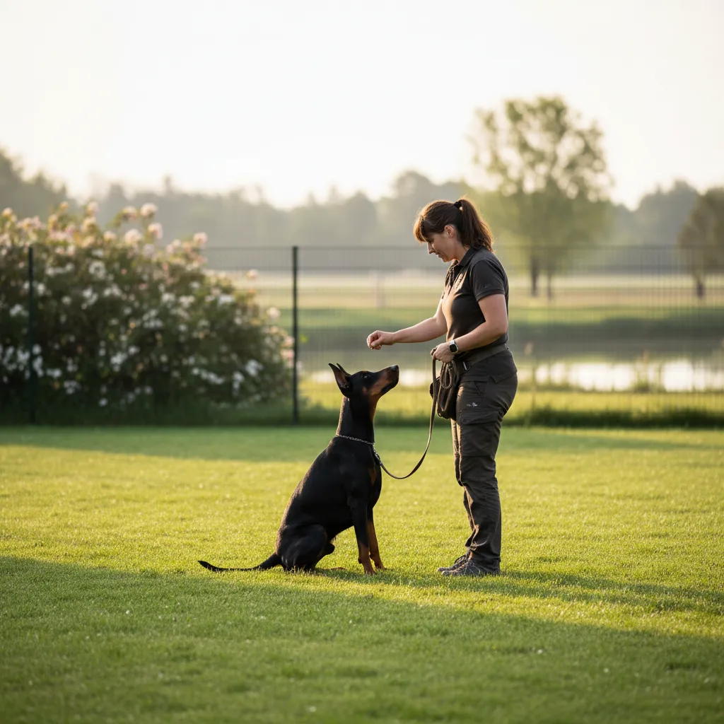 A certified dog trainer practising positive reinforcement techniques with a focused Doberman