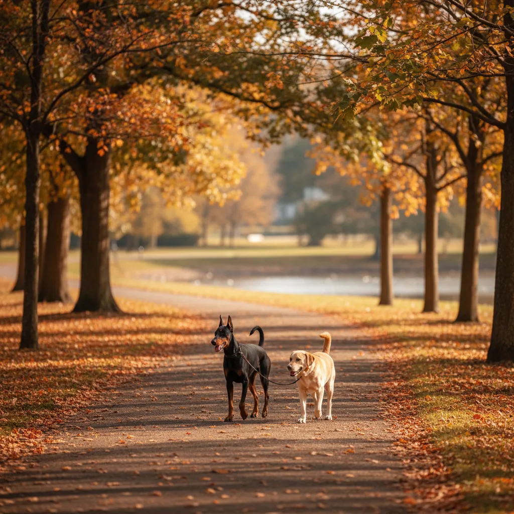 A Doberman and a Labrador walking calmly in parallel on a park path during a controlled introduction
