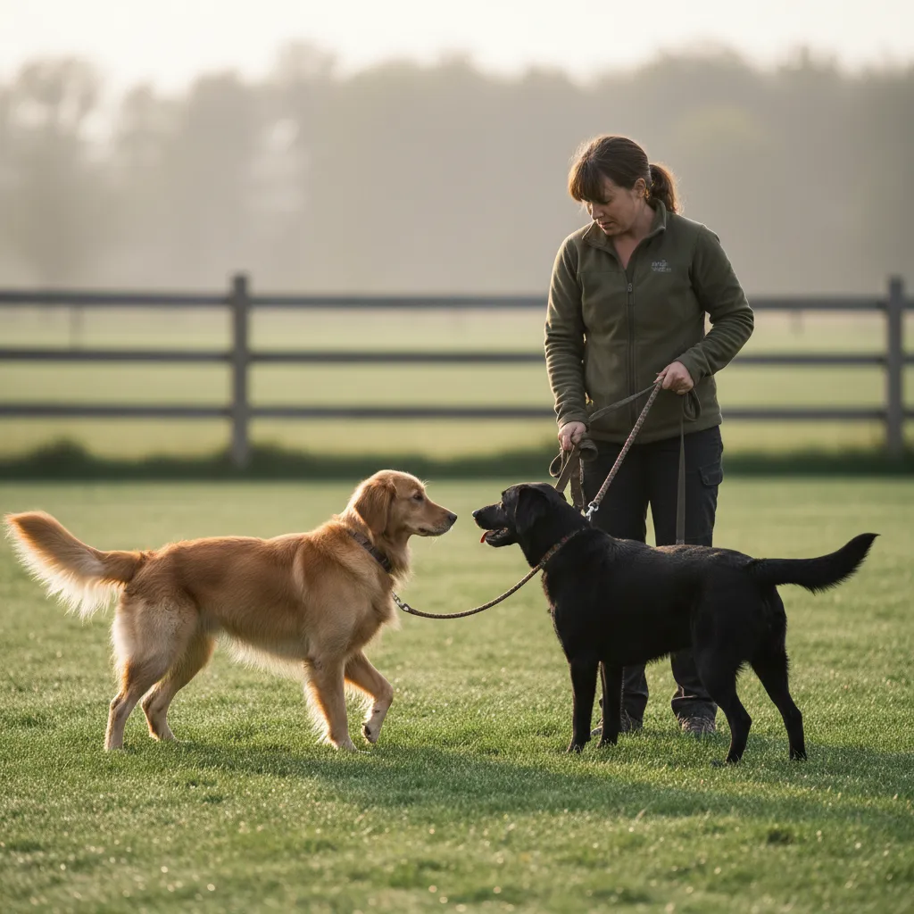 A certified dog trainer carefully supervising a controlled introduction between two dogs to assess reactivity