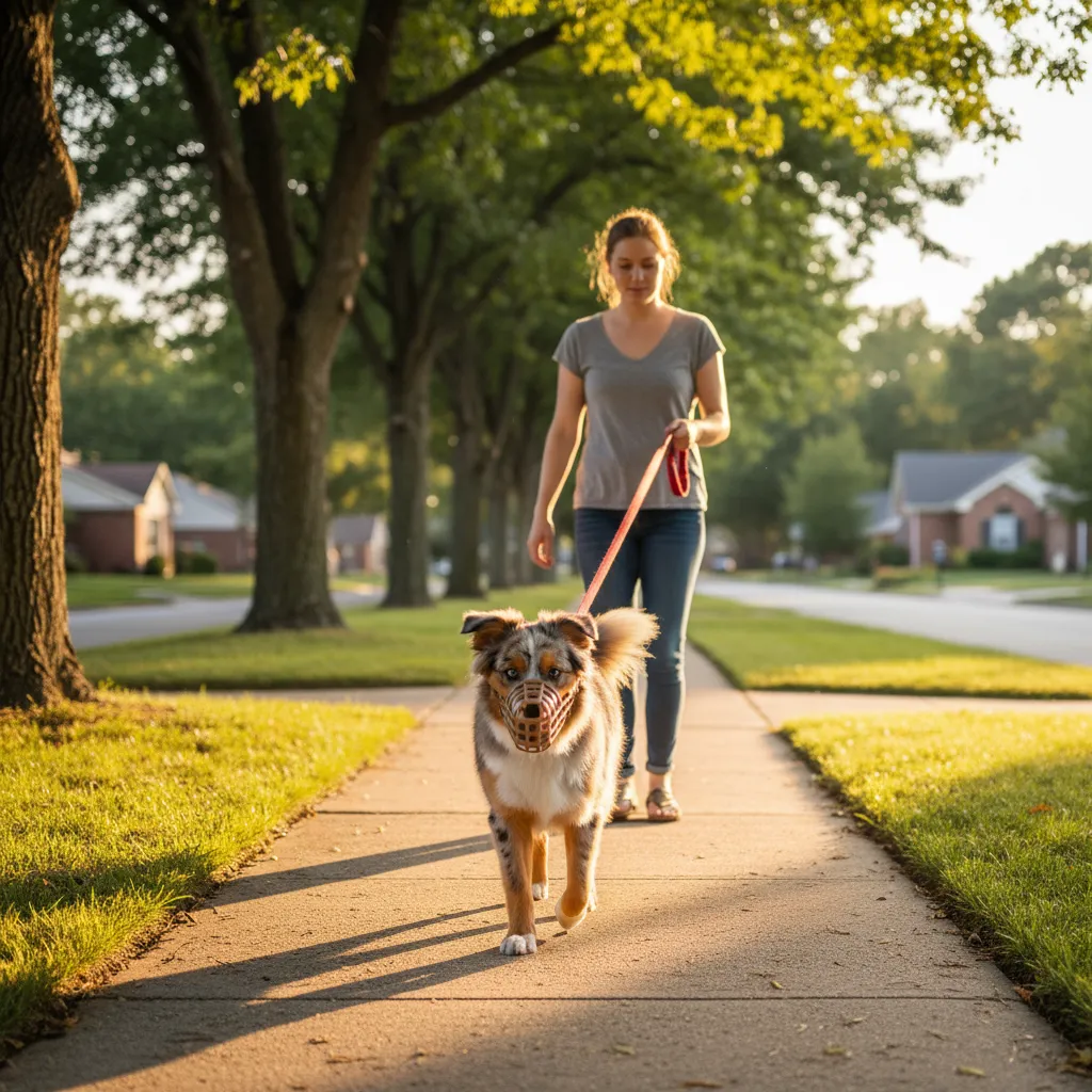 A dog wearing a basket muzzle comfortably during a walk as part of a structured behavior management plan