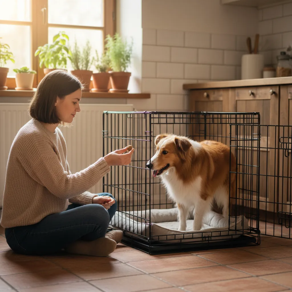A dog trainer gently encouraging a dog to enter a crate using positive reinforcement treats
