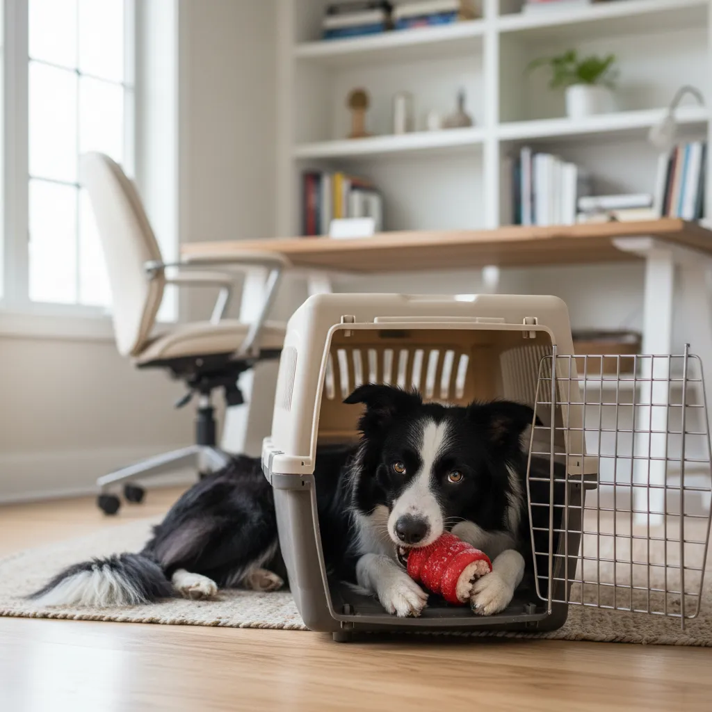 A border collie contentedly working on a frozen Kong toy inside a crate with the door open