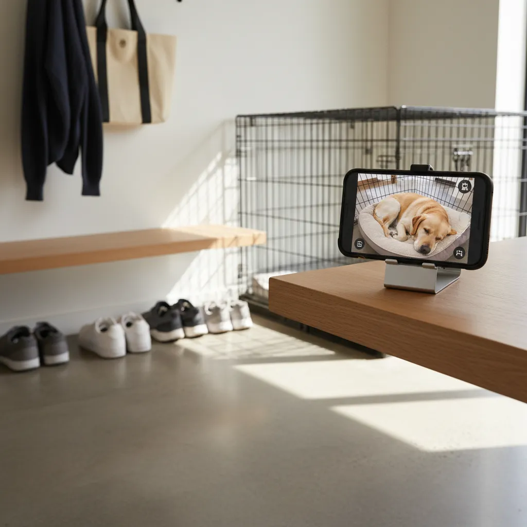 A pet camera app on a smartphone monitoring a sleeping Labrador resting calmly in its crate