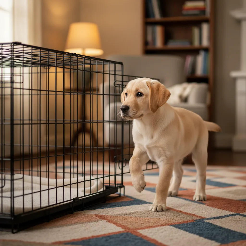 A puppy hesitating at the crate entrance, a common sign of early crate training regression