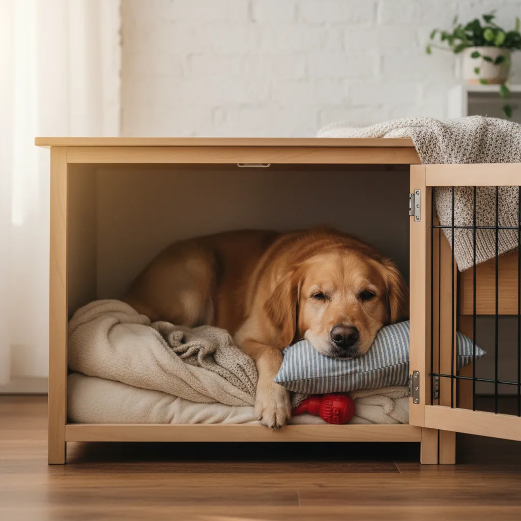 A relaxed dog enjoying a stuffed Kong inside its crate, showing successful crate reintroduction