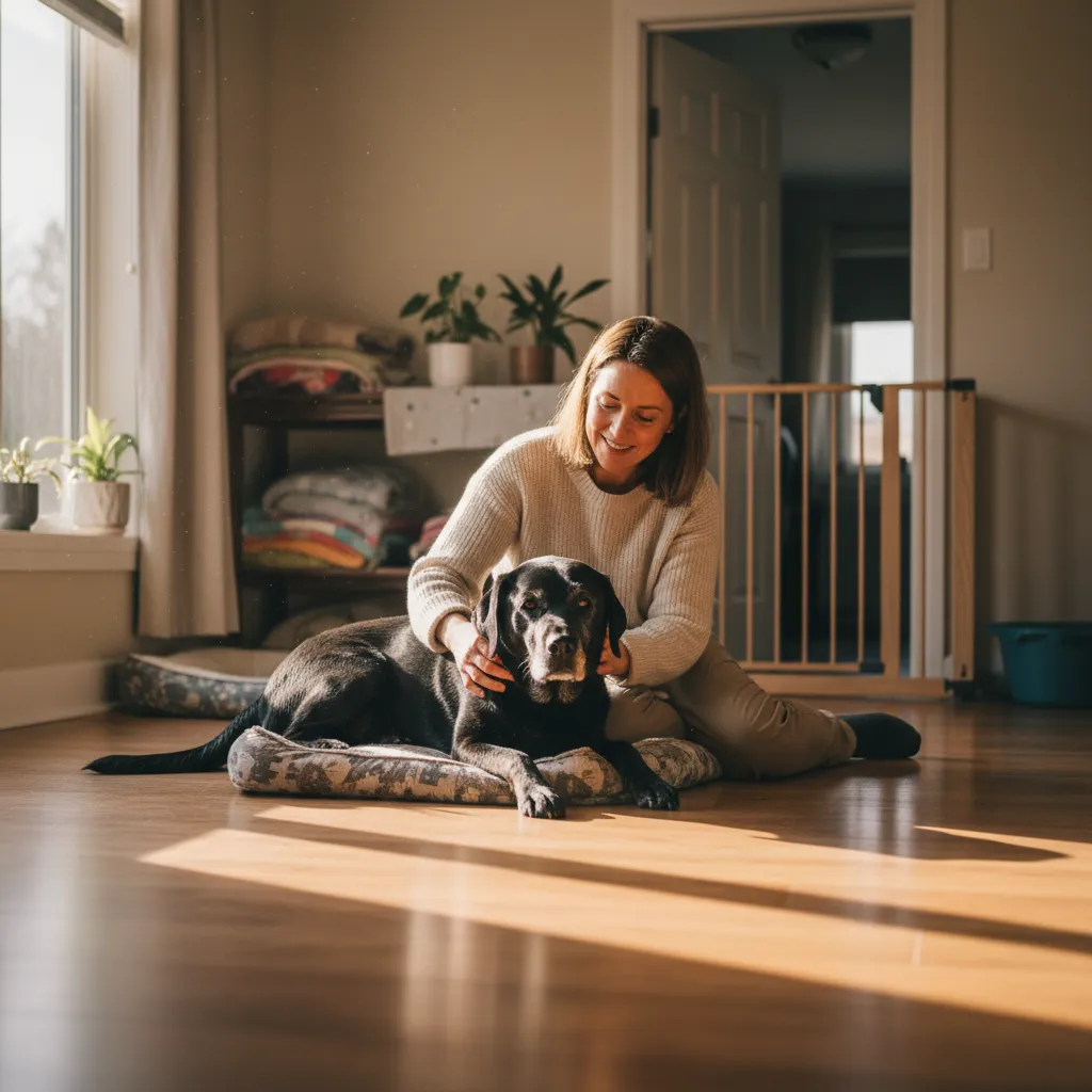 A professional carer providing individual attention to a senior Labrador in a home-boarding setting