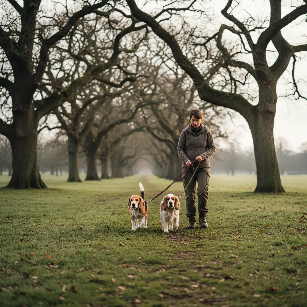 Two senior dogs enjoying a gentle group walk in a quiet park setting