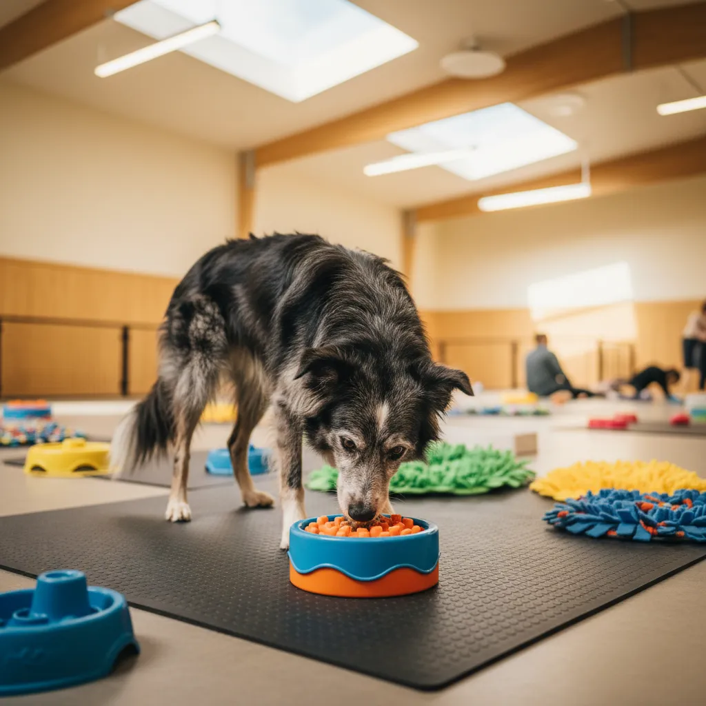 A senior Border Collie engaging with a puzzle feeder during a cognitive enrichment session