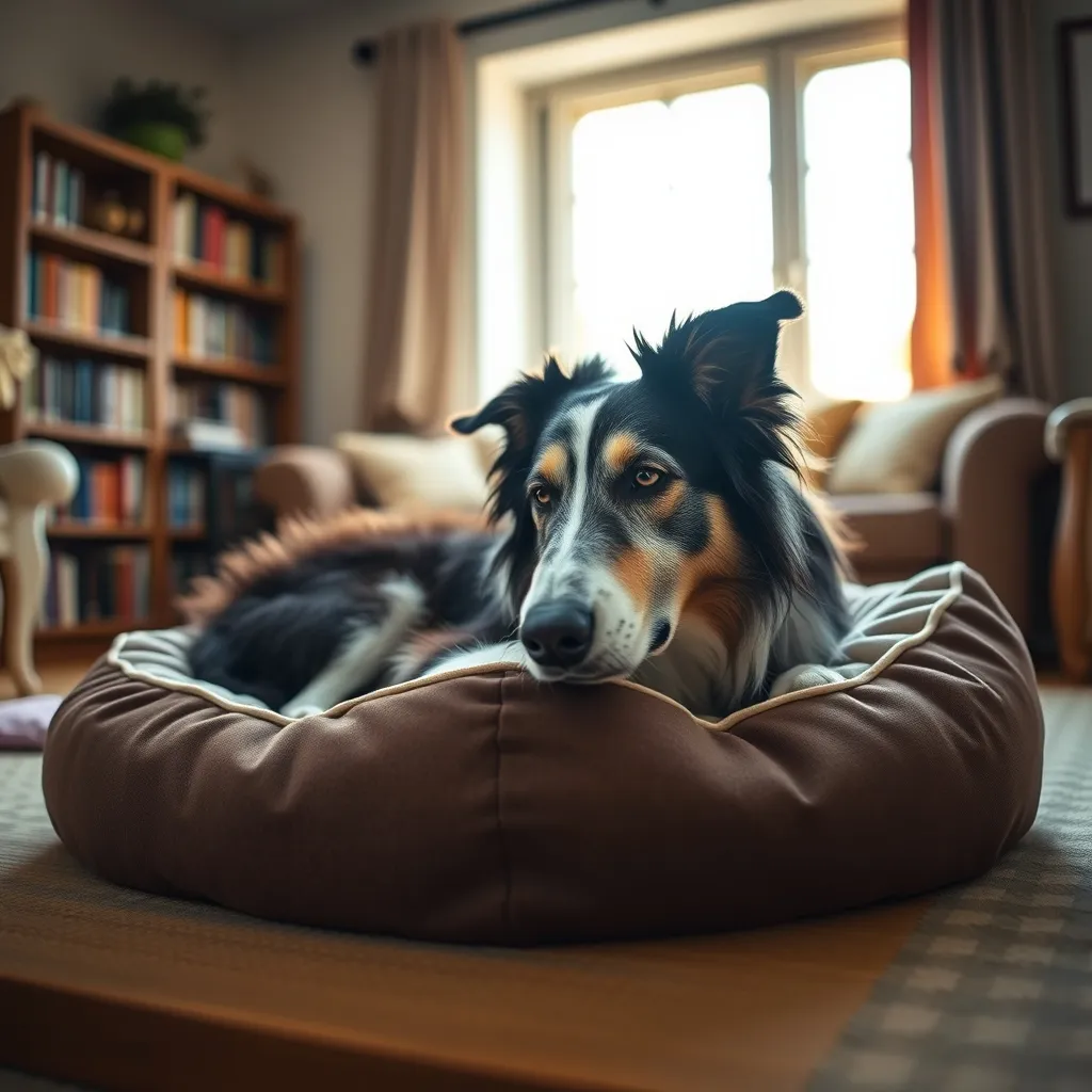 A senior border collie resting comfortably on an orthopaedic bed at home