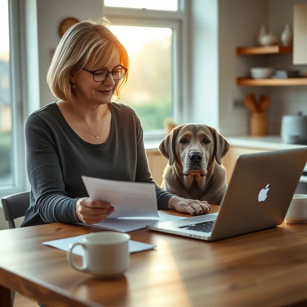 A dog owner comparing elderly dog insurance quotes online with her senior Labrador nearby