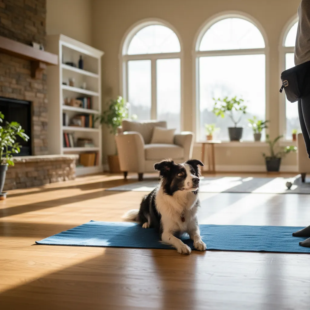 A border collie holding a steady down-stay on a training mat in a living room