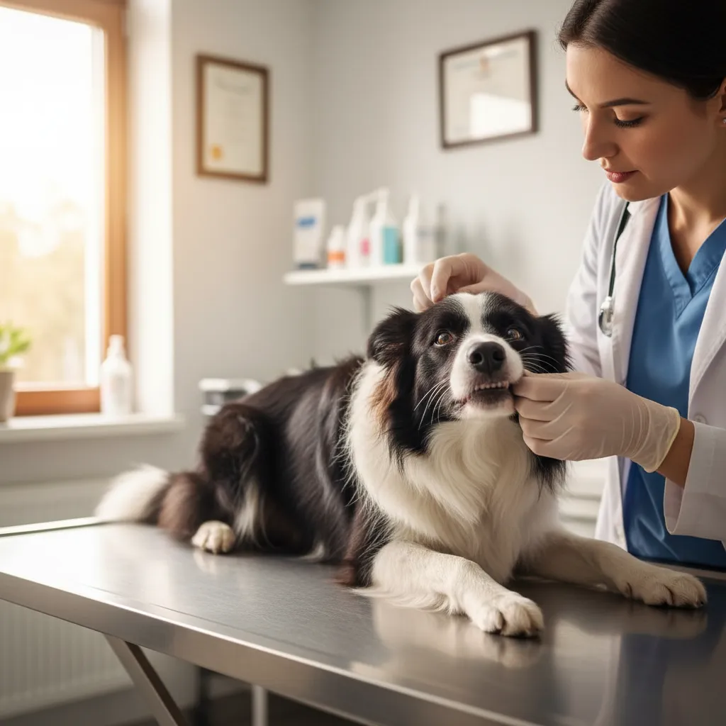 A veterinarian examines a dog's teeth and gumline for early signs of periodontal disease