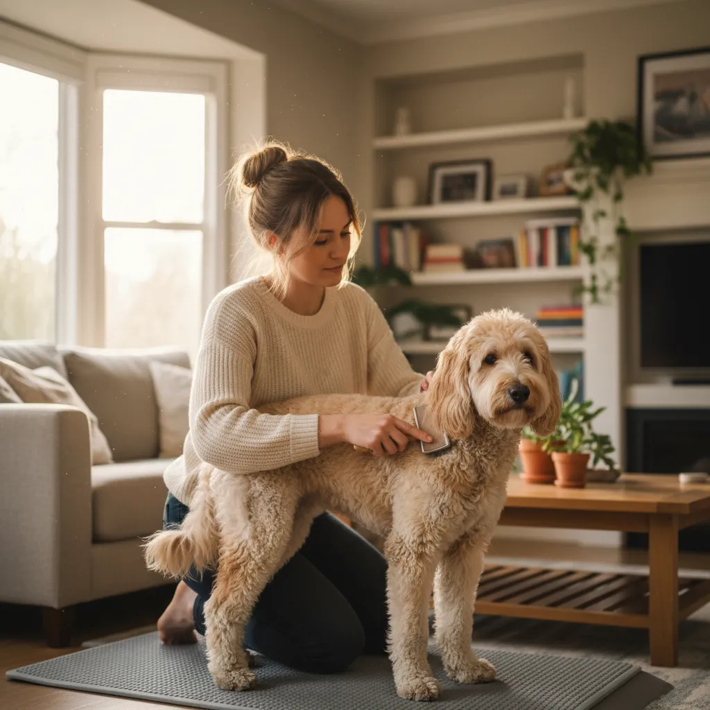 Using a slicker brush on a curly-coated dog to remove tangles and loose hair