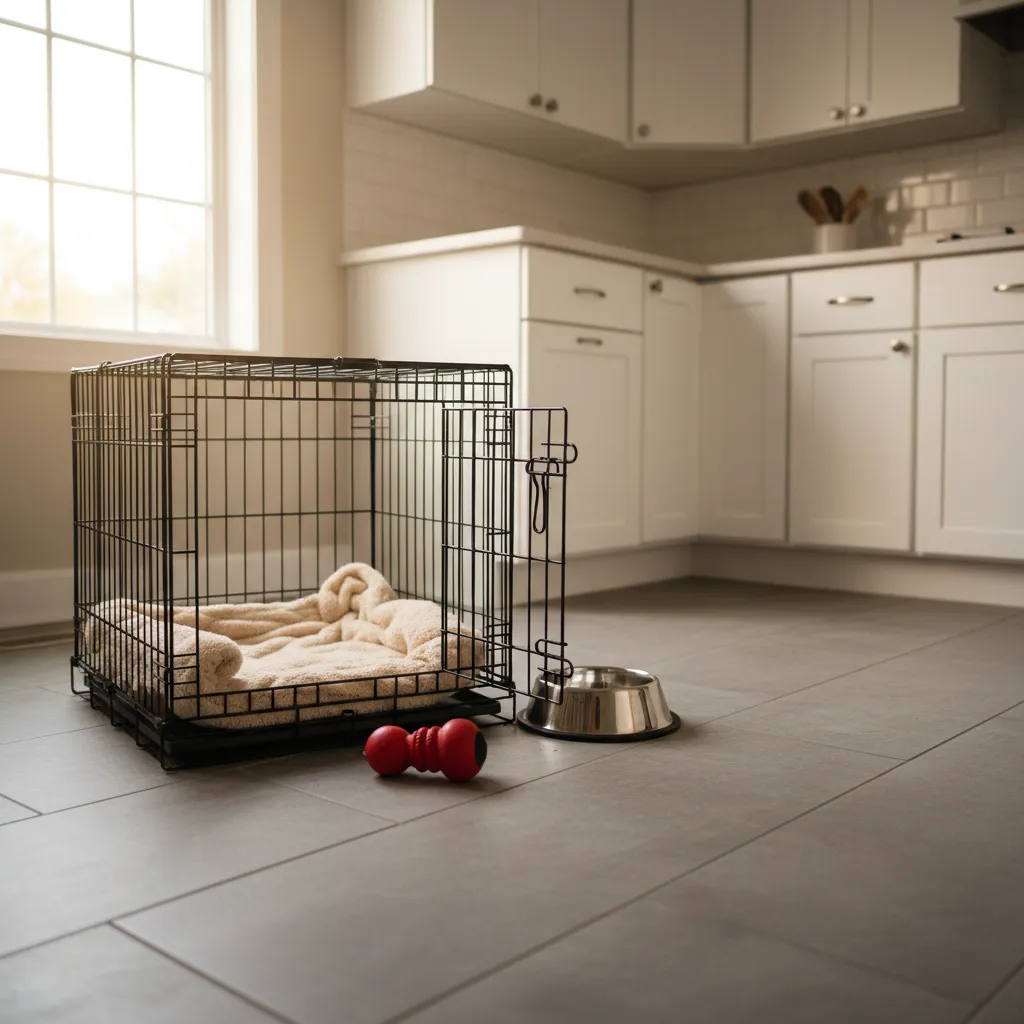 A well-prepared puppy zone with crate, water bowl and comfort items helps your new arrival feel secure from the start