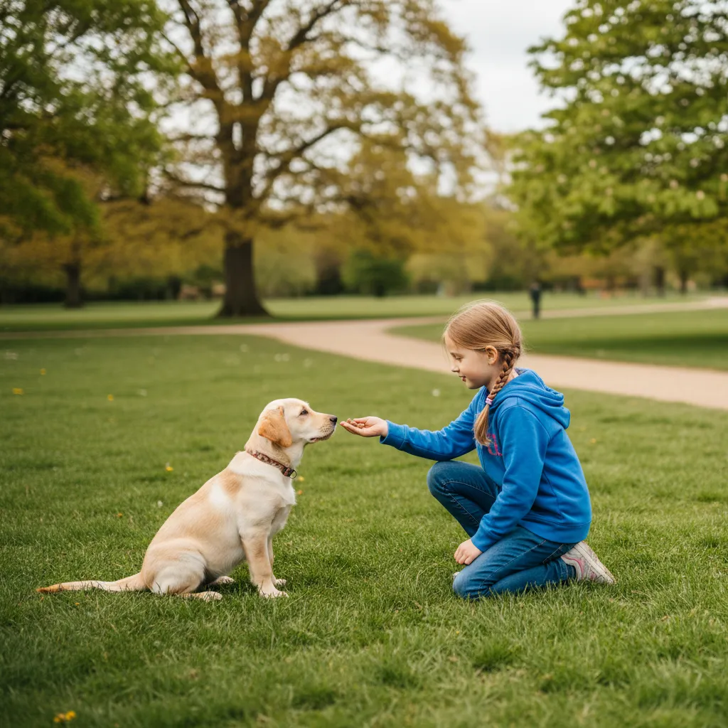 A young girl practising reward-based training with a Labrador puppy in a local park