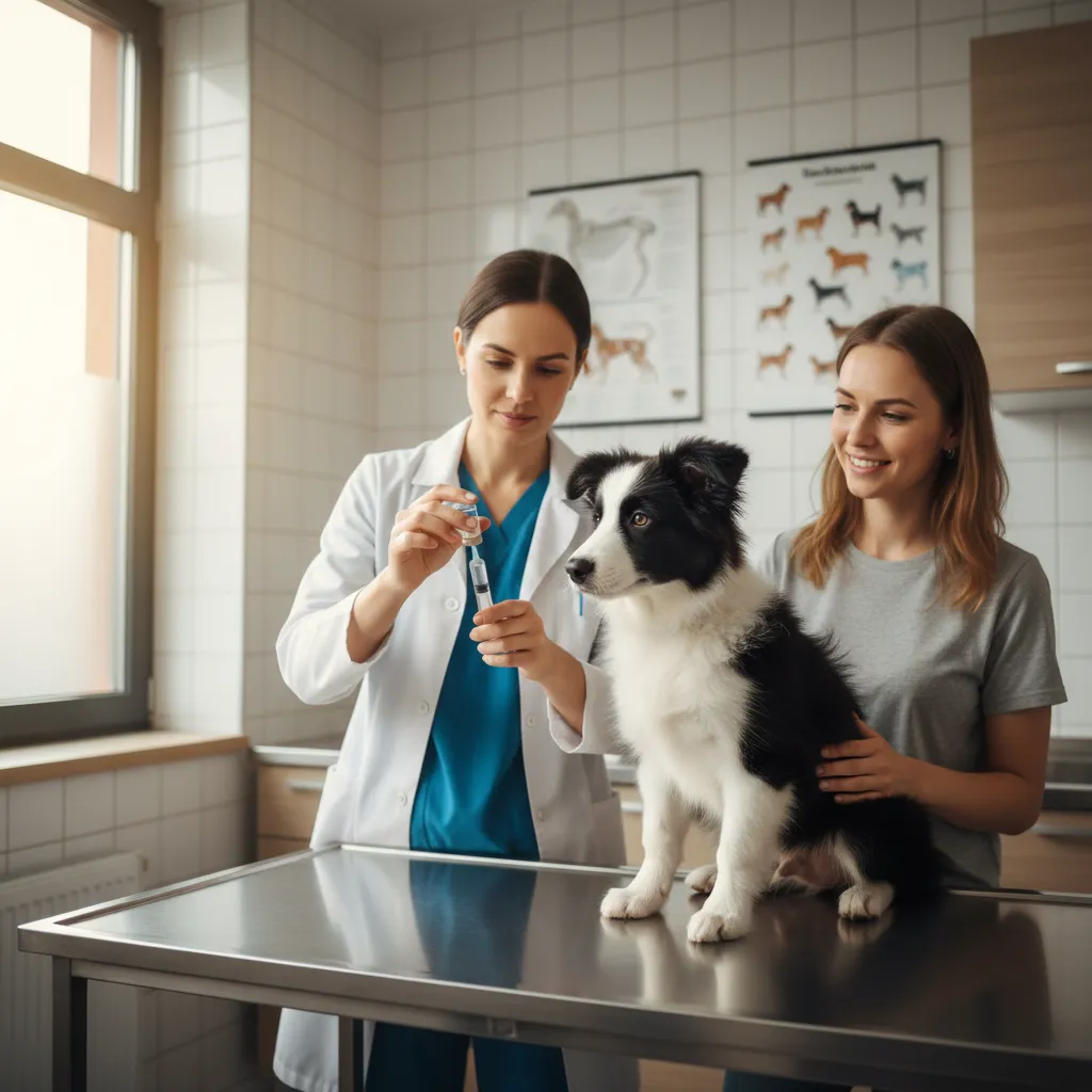 A veterinarian preparing a vaccine dose during a routine puppy appointment