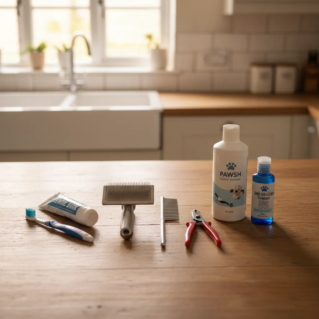 A basic home grooming toolkit: slicker brush, metal comb, nail clippers, shampoo, ear cleaner and toothbrush