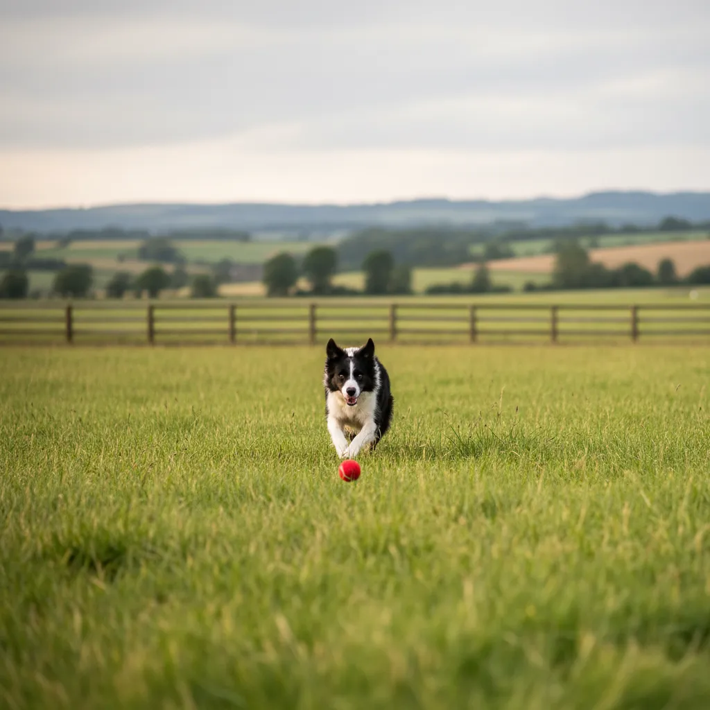 A border collie sprinting after a ball during a fetch session, showing the high-intensity exercise herding breeds require daily