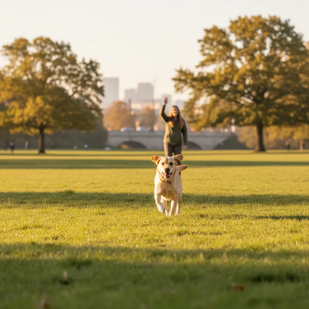 A labrador practicing recall by running enthusiastically toward its owner in a park