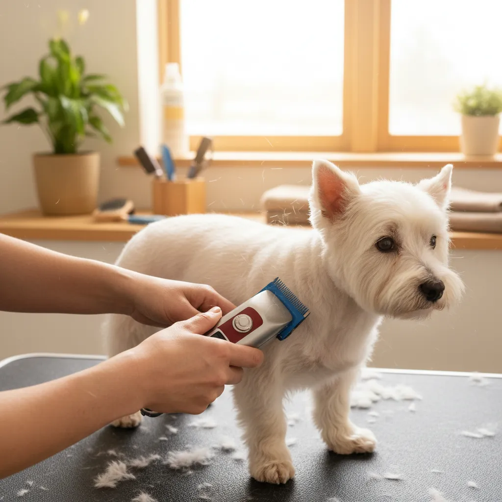Cordless clippers with a snap-on guide comb being used for a body trim on a small dog