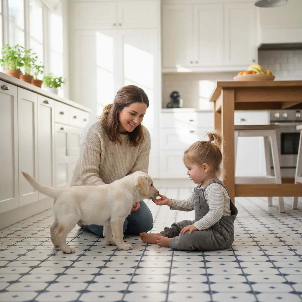 Supervised introductions with children seated on the floor help puppies build confidence at their own pace