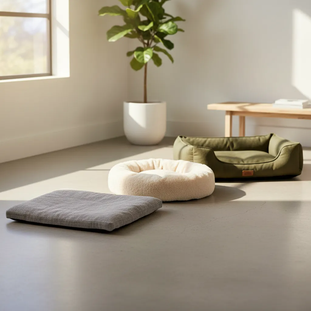 Different dog bed styles suit different sleeping positions, from flat mats for sprawlers to donut beds for dogs who curl up