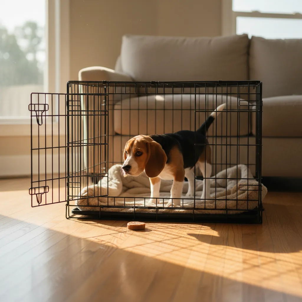 An appropriately sized crate with a comfortable bed gives a puppy a safe den and supports the potty training process