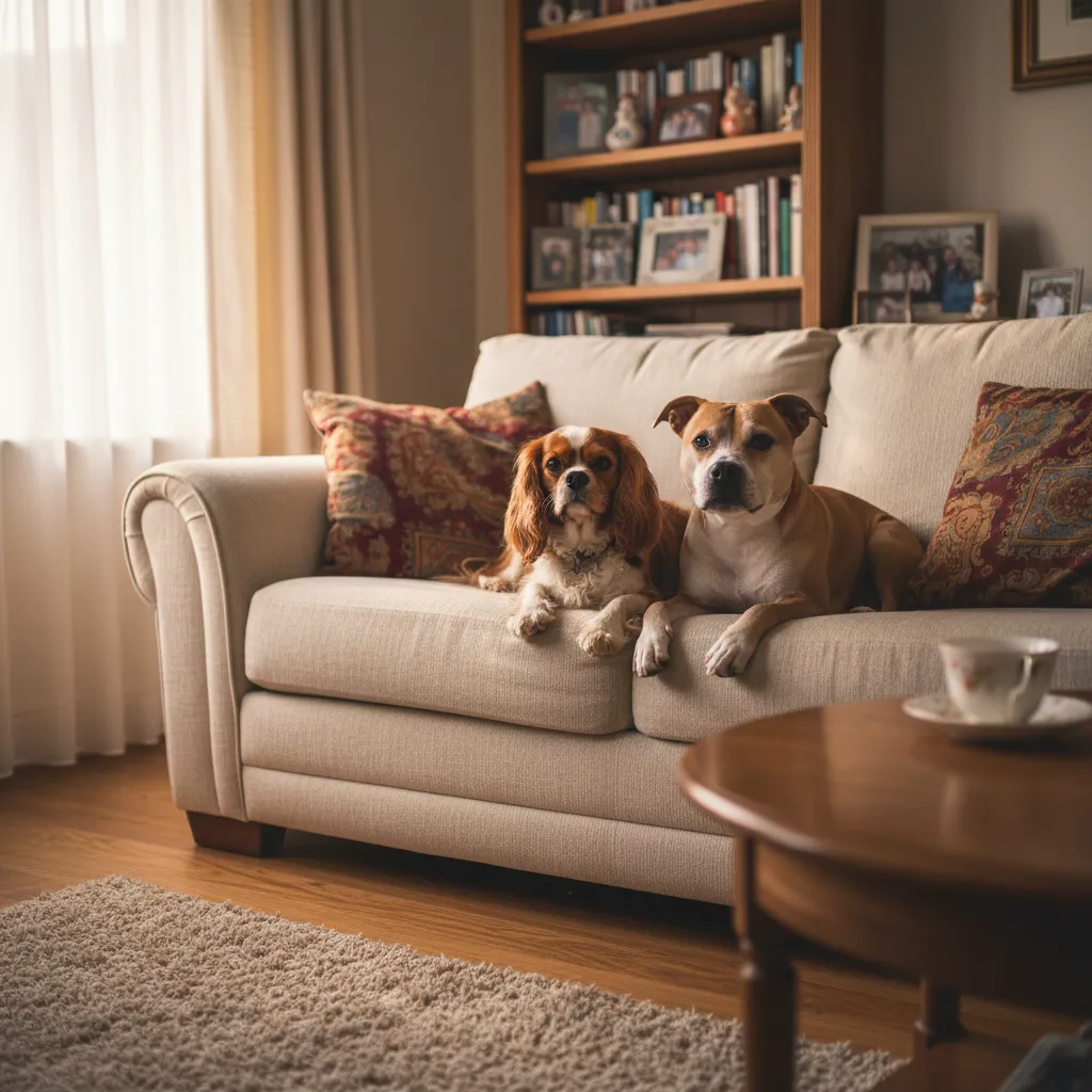 A Cavalier King Charles Spaniel and a Staffordshire Bull Terrier sharing a sofa in a family living room