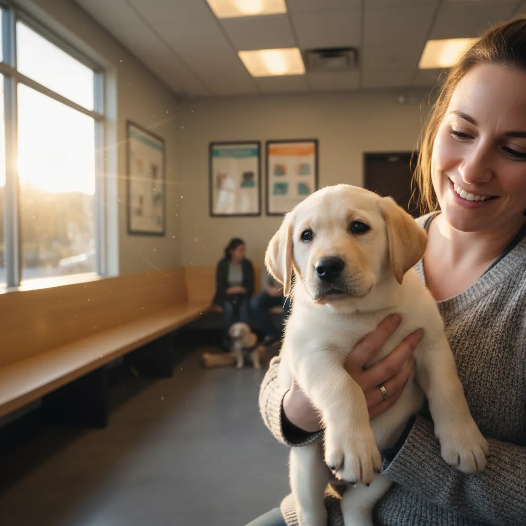 A young puppy waiting for its first vaccination appointment at the veterinary practice