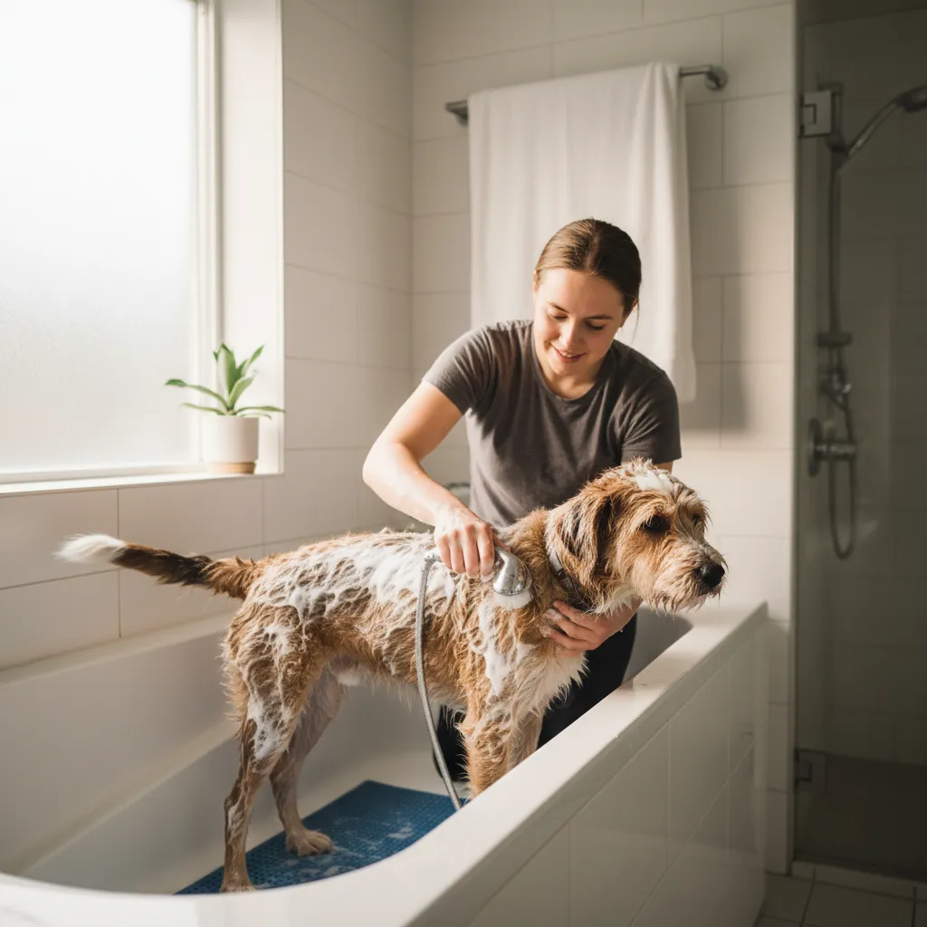 A non-slip mat and lukewarm water help keep bath time calm and safe for your dog