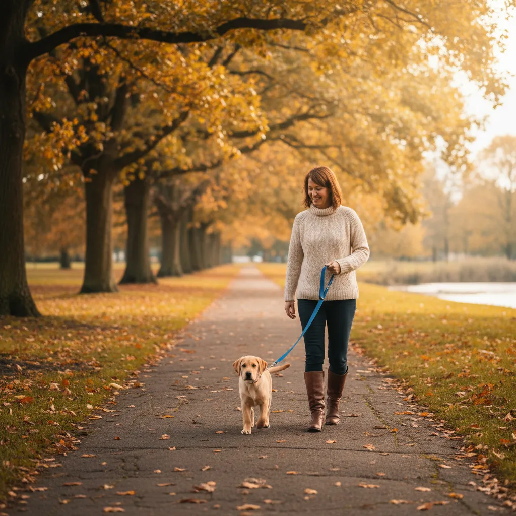 A labrador puppy on a structured lead walk through a park, following the five-minute rule for safe puppy exercise