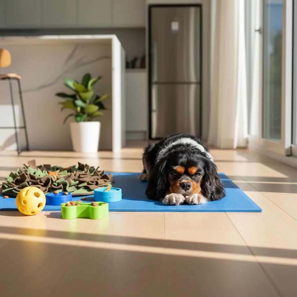Relaxation protocols and enrichment activities such as snuffle mats help anxious dogs learn to settle calmly on cue