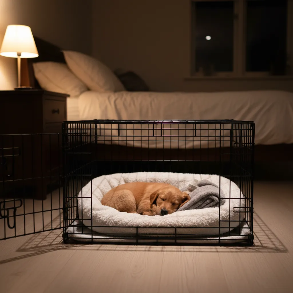 Placing the crate beside your bed with a warm water bottle helps ease first-night anxiety for new puppies