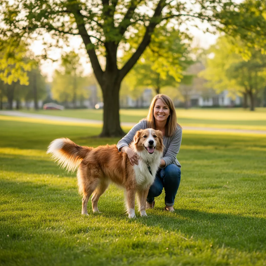 A fully vaccinated adult dog enjoying a walk in the park with its owner