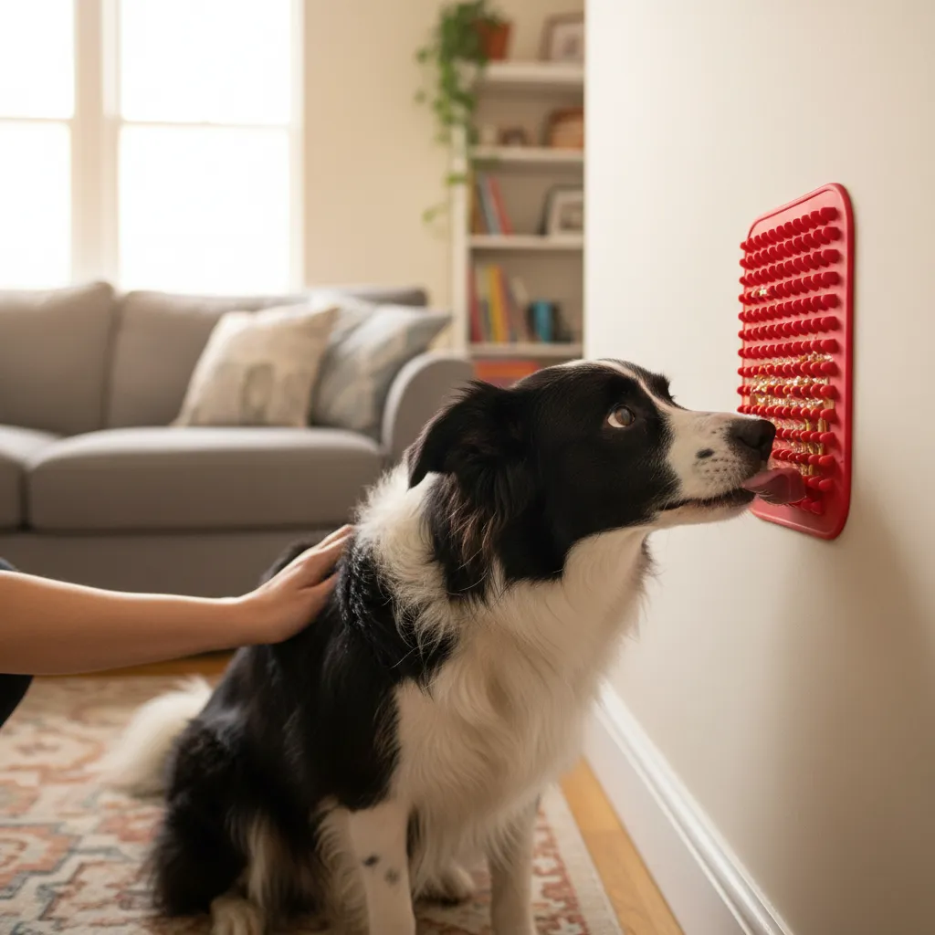 A lick mat with peanut butter provides a calming distraction for dogs who are nervous about grooming