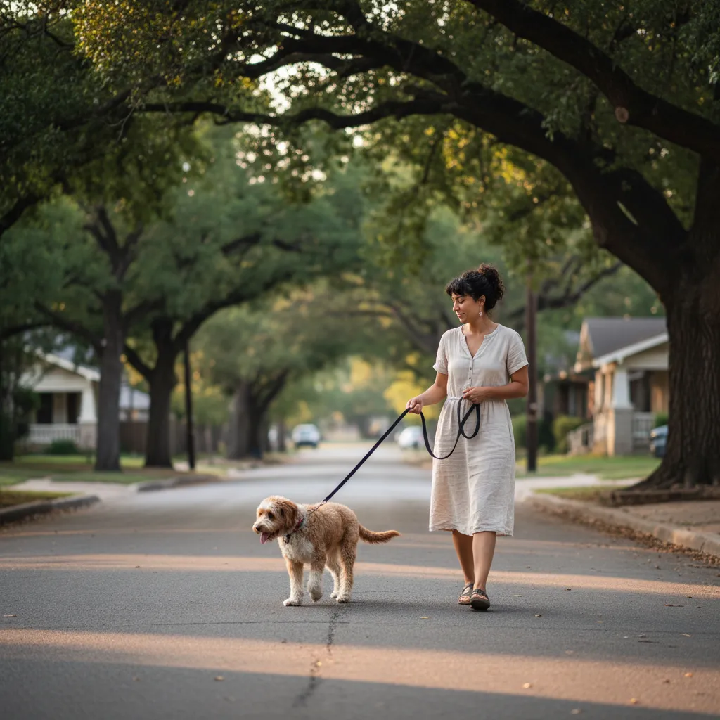 A dog walking in a calm heel position on a loose leash along a tree-lined sidewalk