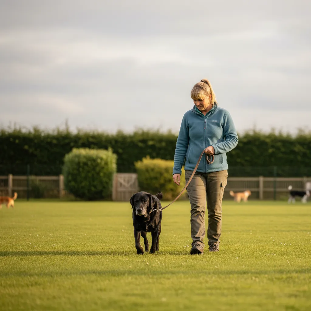 A senior labrador enjoying a gentle supervised walk on soft grass at a dog daycare centre