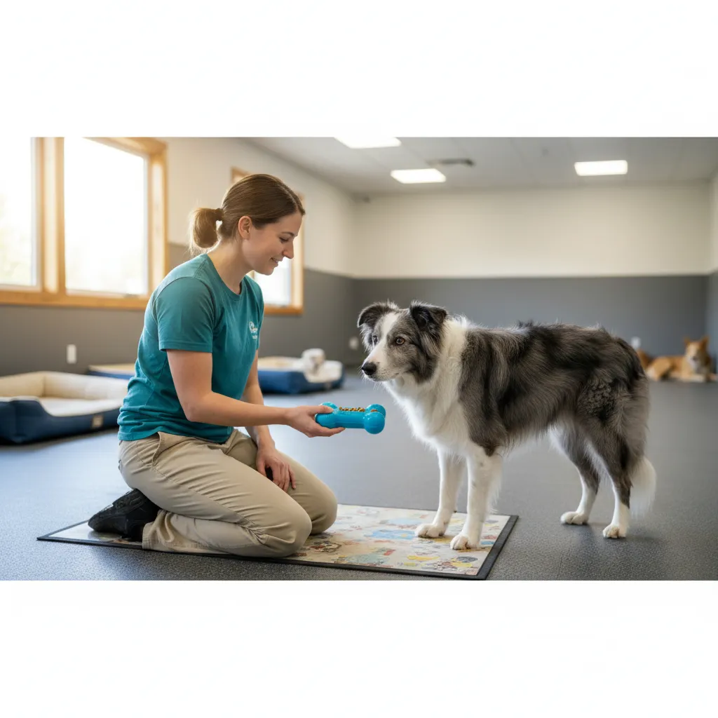 A trained carer engaging a senior border collie with a puzzle feeder for gentle mental stimulation