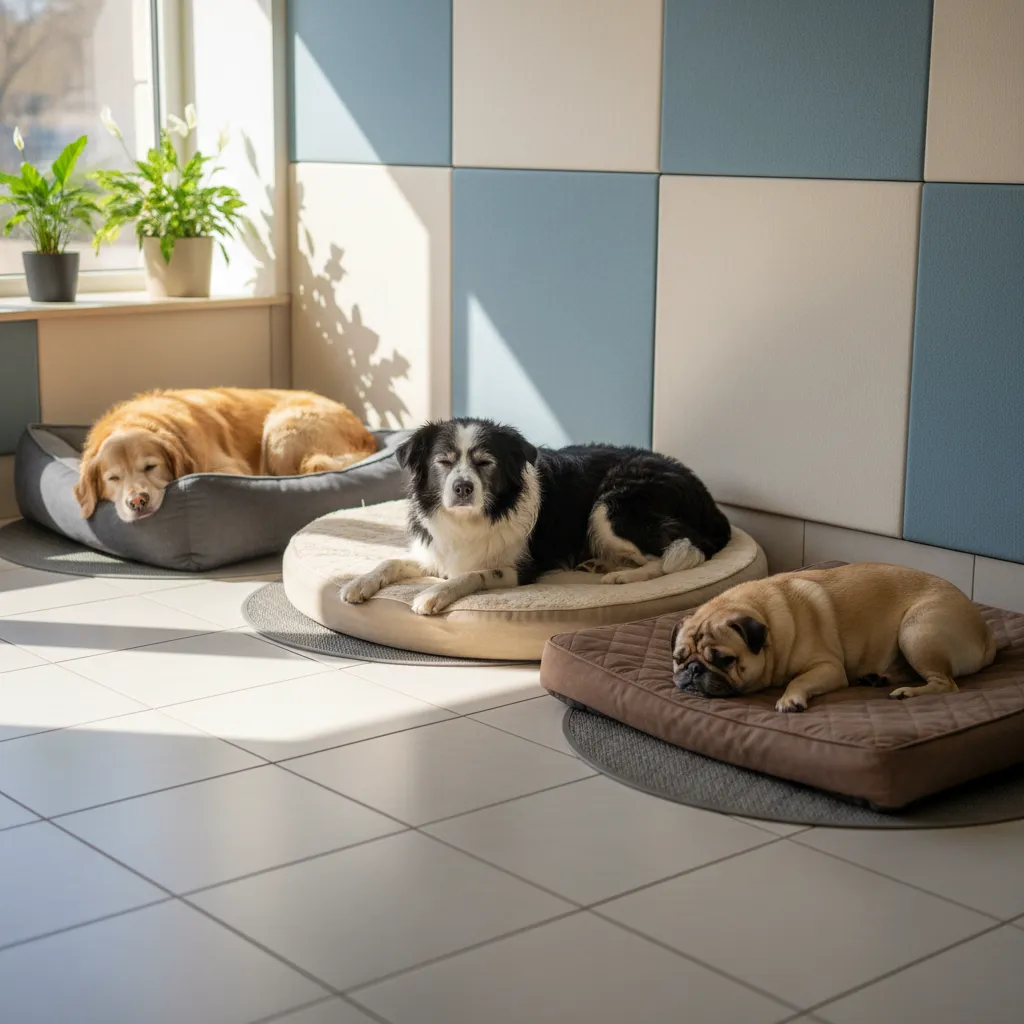 Three senior dogs resting peacefully in the quiet zone of a specialised daycare facility