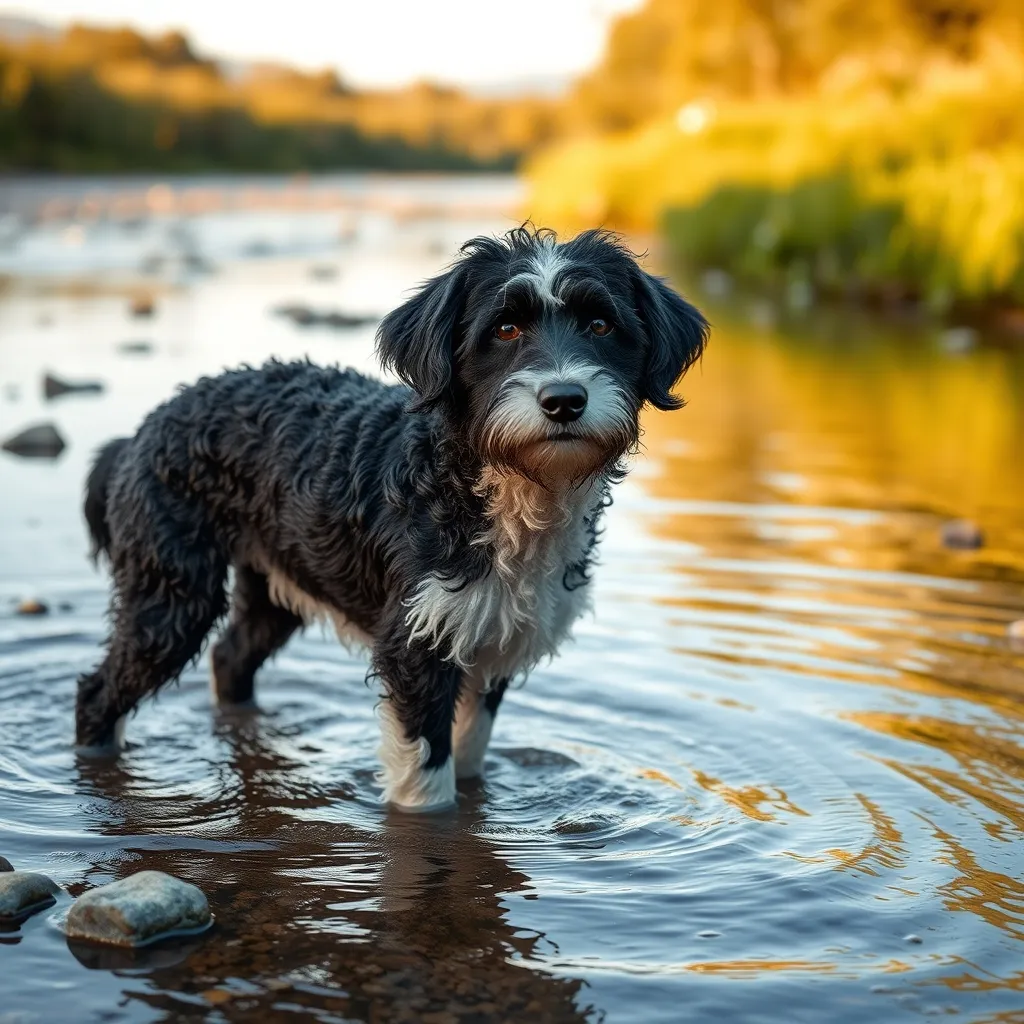 A Portuguese Water Dog wading in a shallow river, a breed historically bred to assist fishermen along the coast of Portugal