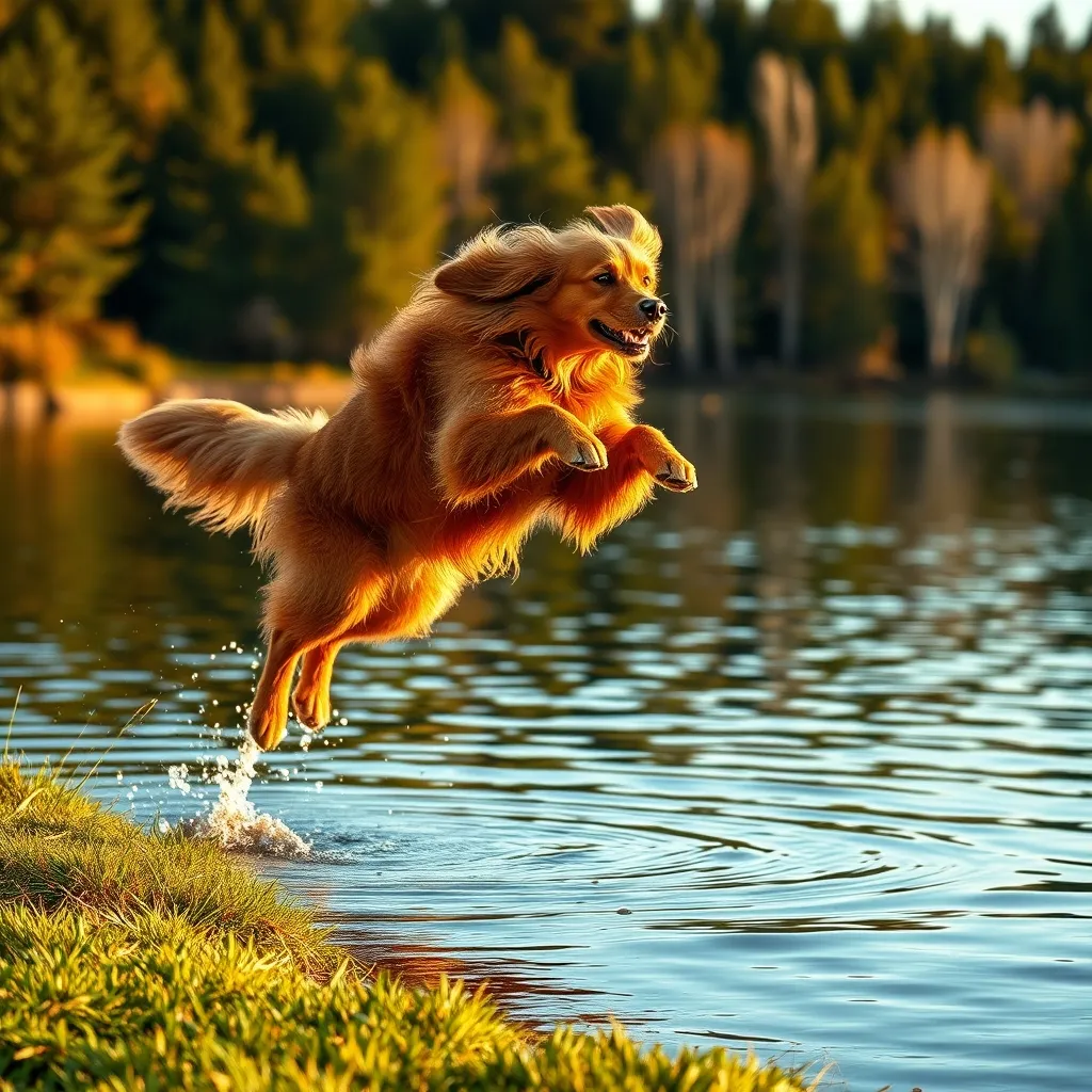 A Nova Scotia Duck Tolling Retriever launching into a lake, demonstrating the breed's enthusiastic water drive