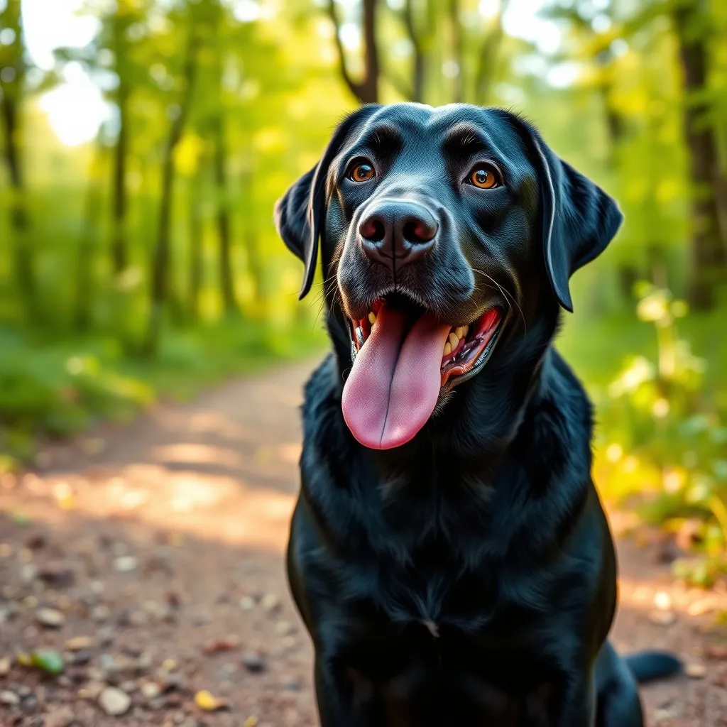 A black Labrador Retriever on a woodland walk, showcasing the breed's friendly and alert expression