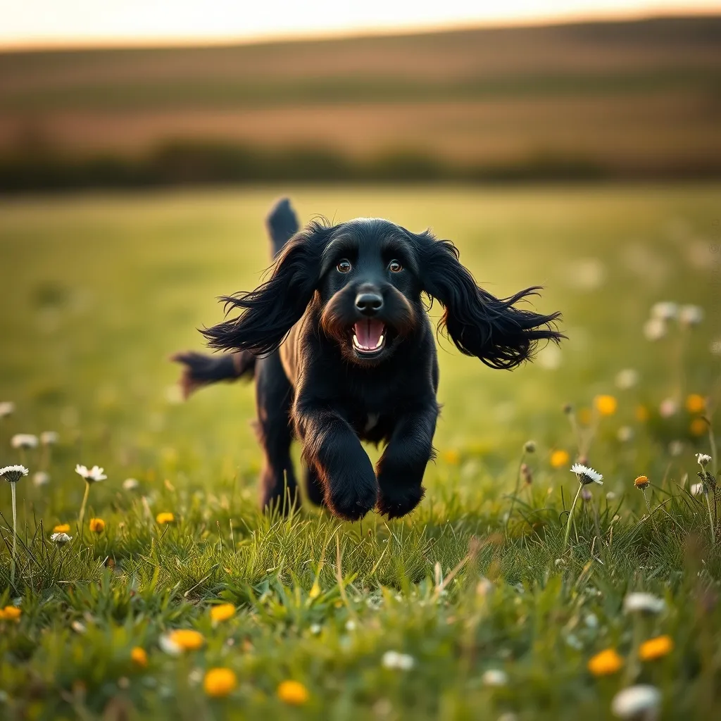 A black English Cocker Spaniel in full stride across a meadow, displaying the breed's signature flowing coat