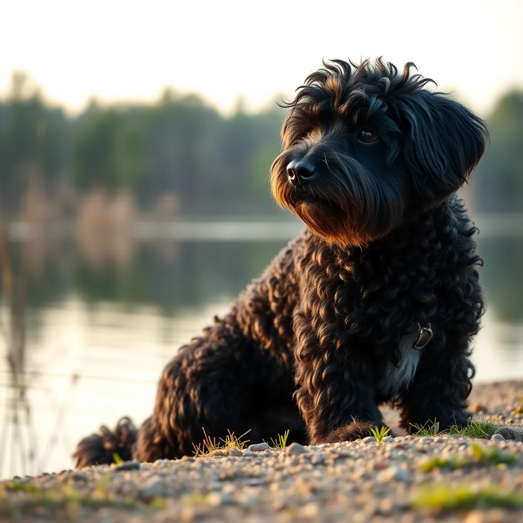 A black Barbet resting by a lake, highlighting the breed's distinctive curly water-resistant coat