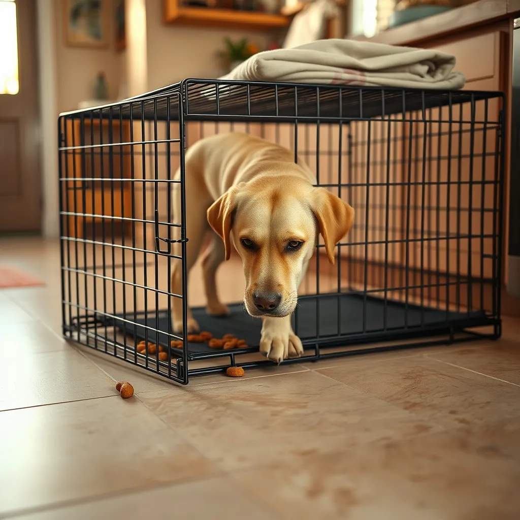An adult Labrador investigating a crate entrance during the initial introduction phase of training