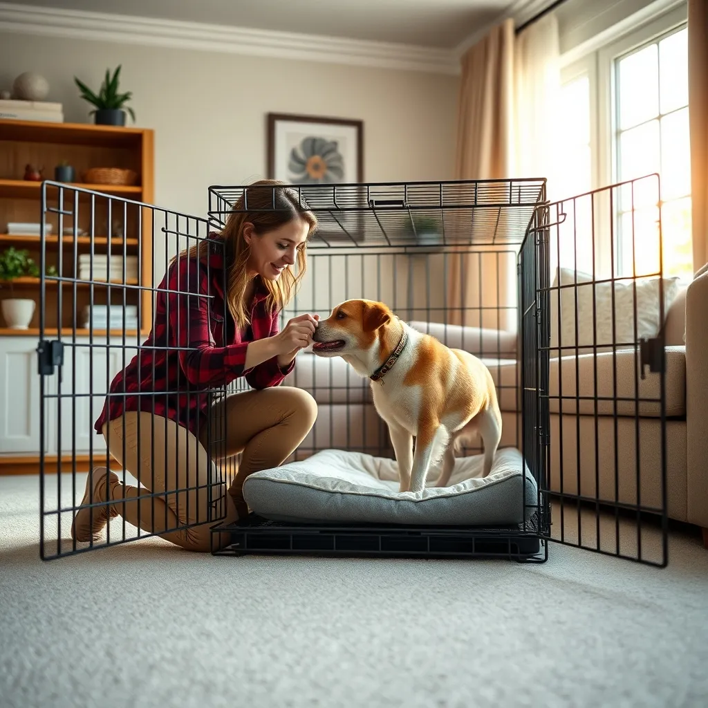 A trainer rewarding a senior dog for voluntarily entering the crate during a positive reinforcement session