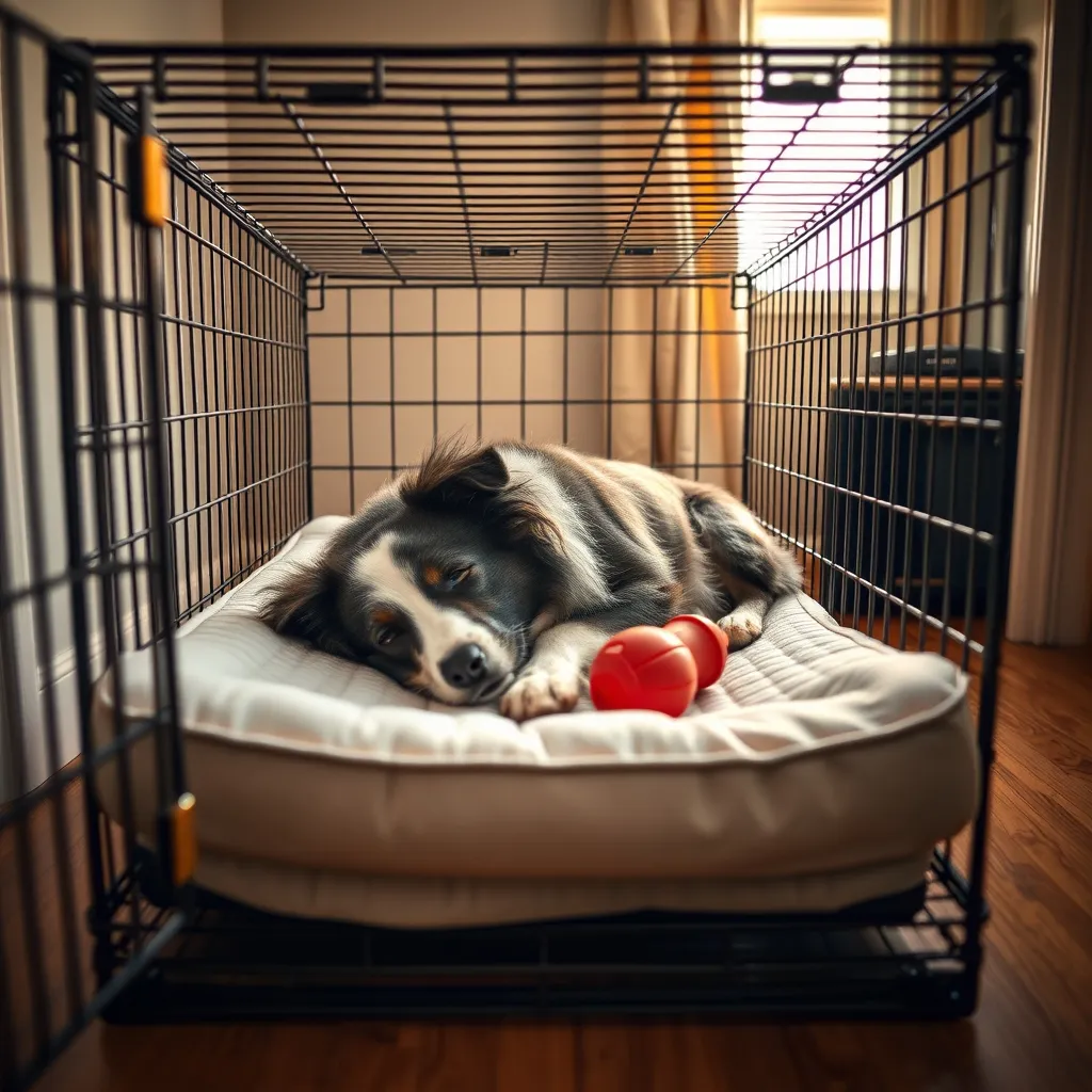 A senior border collie sleeping comfortably in a crate with orthopaedic bedding and the door left open
