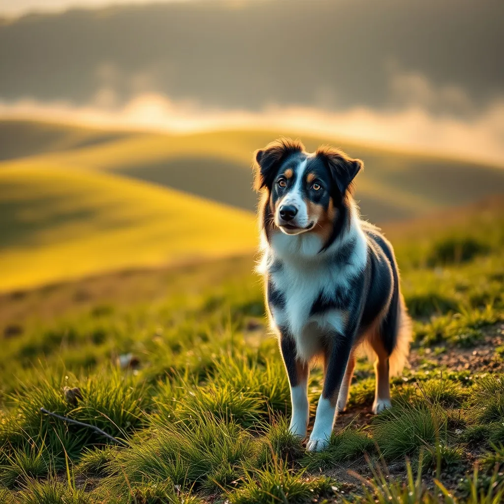 A striking blue merle Australian Shepherd with heterochromia on a misty hillside