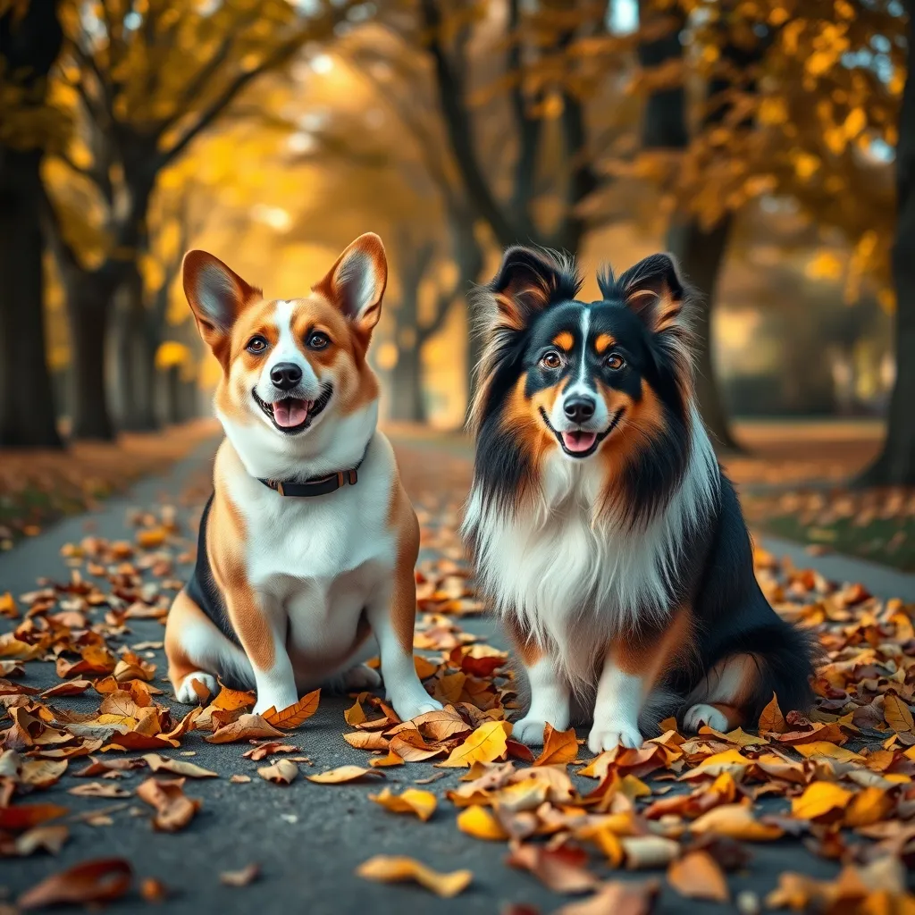 A Pembroke Welsh Corgi and Shetland Sheepdog enjoying an autumn walk together